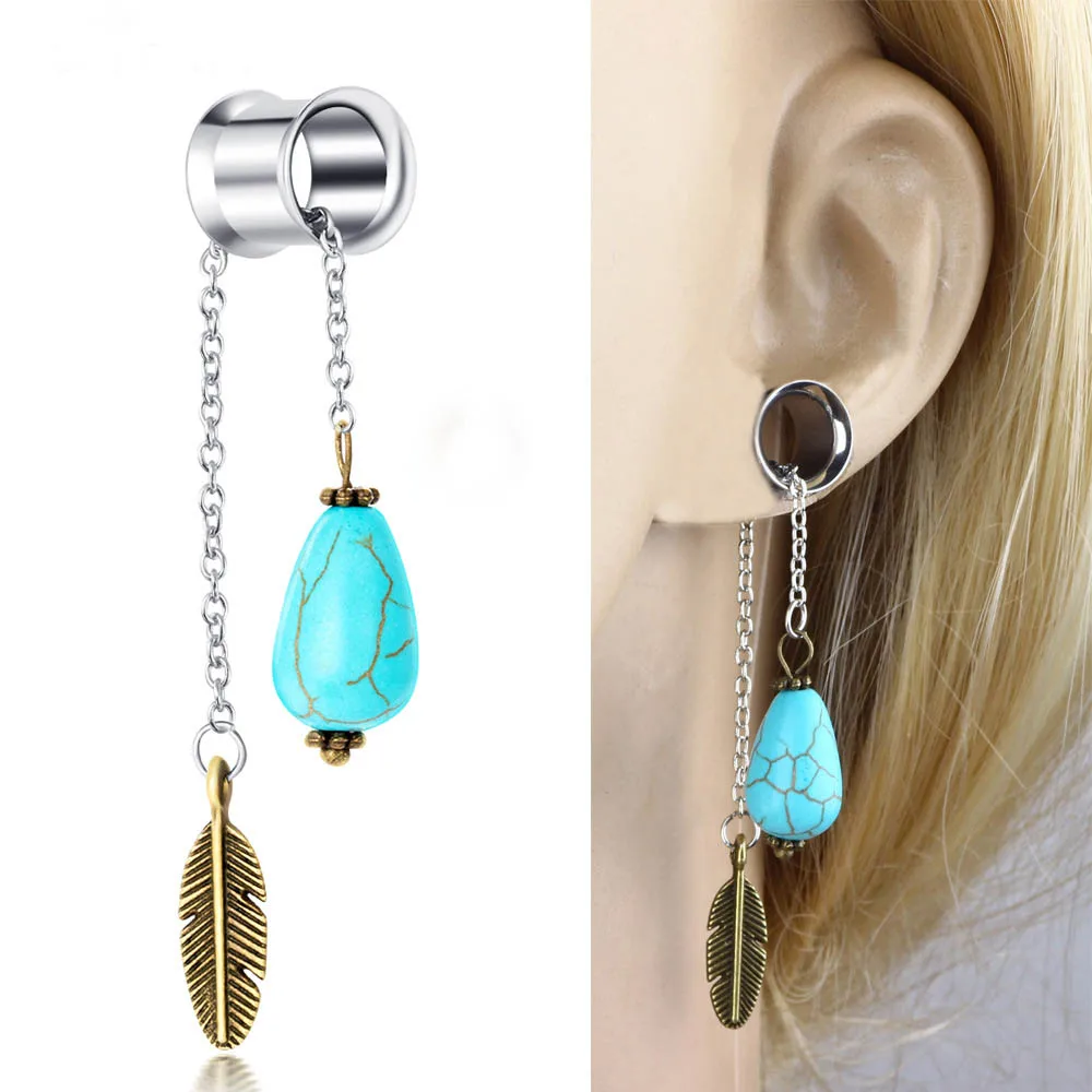 1 Pair Vintage Ear Expander Stretcher Stone Leaf Tassel Dangle Earring