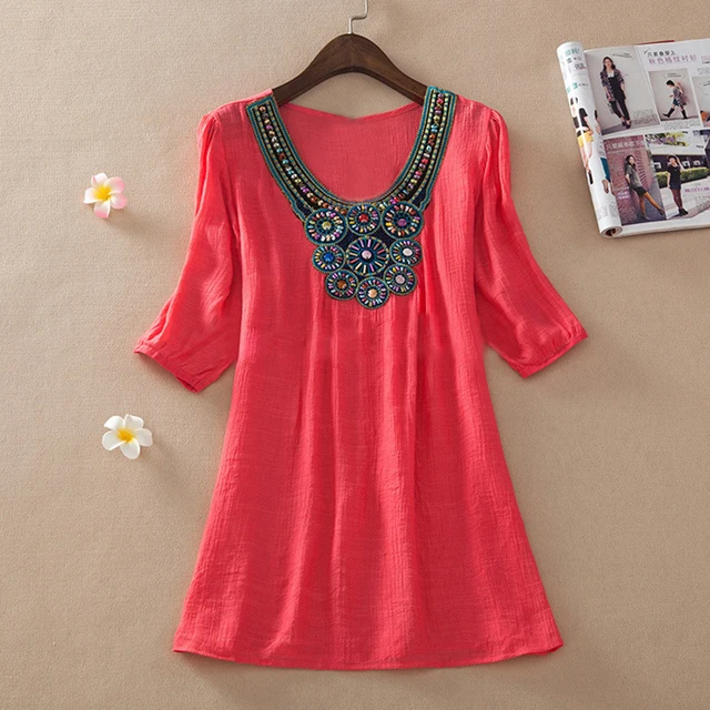 Plus Size Ethnic Embroidery Beading Ladies Tunic Tops