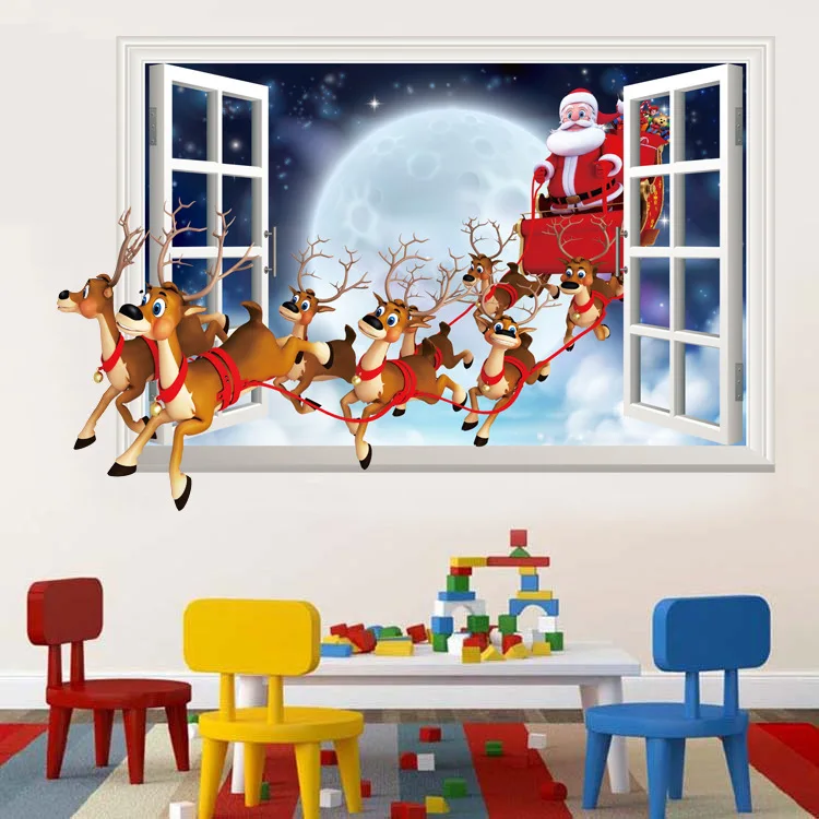 

3D Merry Christmas Wall Stickers Decoration Santa Claus Gifts Tree Window Wall Stickers Removable Vinyl Wall Decals Xmas Decor