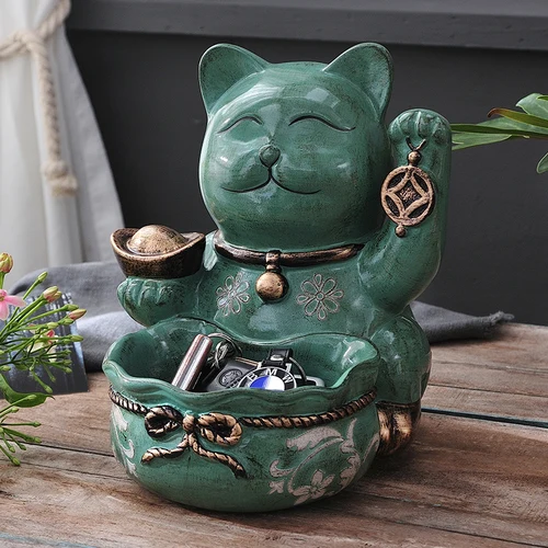 Смола Lucky cat украшения копилка кошка Статуэтка хранения пластины Фея садовые миниатюры фэншуй мини цифры дом - Цвет: dark green