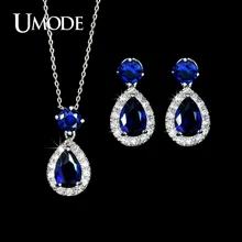 UMODE Hot Selling Jewelry Set Including Blue CZ Water Drop Earrings & Pendant Necklace Set For Women Fashion Jewelry AUS0022A