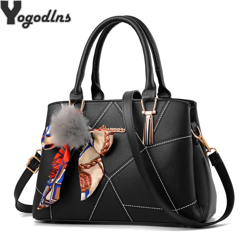 

New Tide Women Messenger Bag Female Top-handle Handbag Patchwork Shoulder Bag Hair Ball Crossbody bags Ladies Ribbon Party Pack