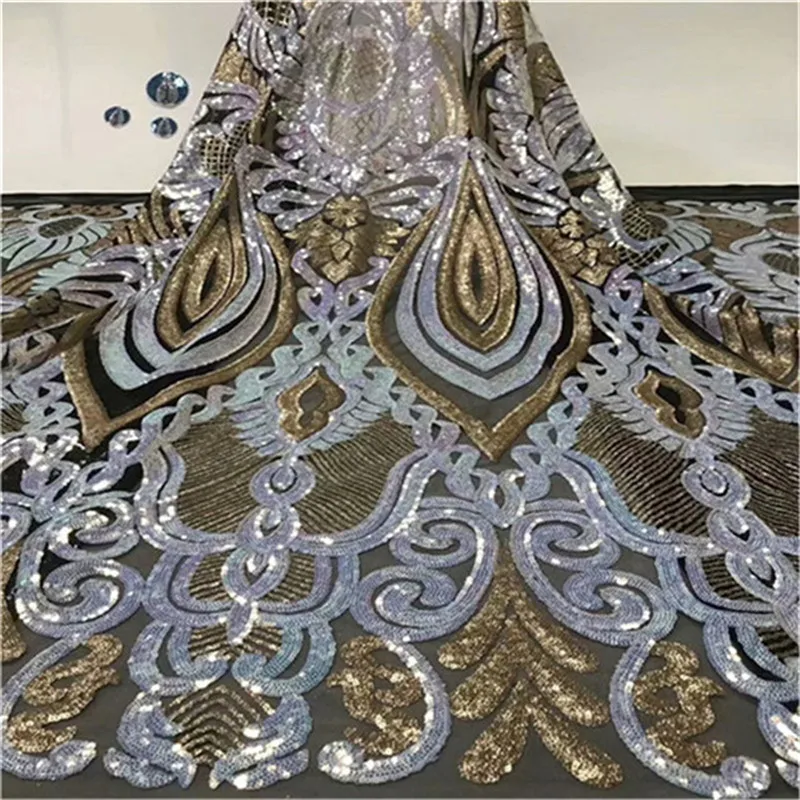 

2017 Upscale French Mesh white Gold Sequins Lace Fabric,High Quality African Tulle Net Elastic Lace Fabric with Sequins Wedding