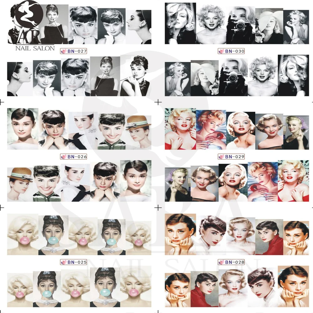 

1 sheet Sexy Hepburn&Various Flowers Water Transfer Nail Stickers Nail Art Tips DIY Nail Tools SABN025-072