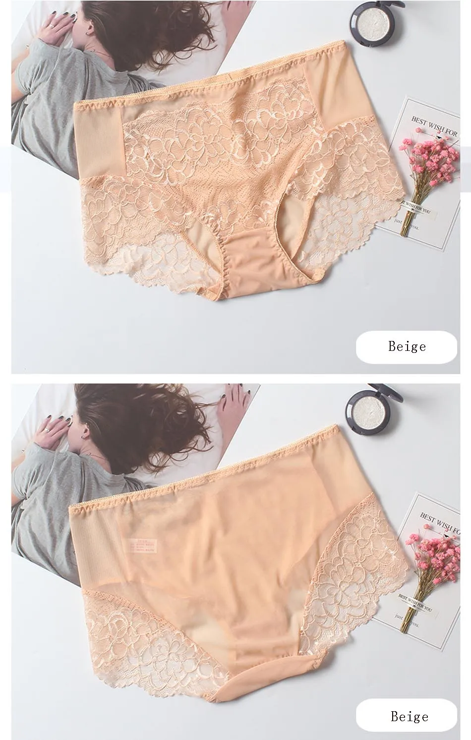 Plus Size Women Sexy Lace Panties Women's Mid Waist Seamless Cotton Briefs Underwear Lingerie Calcinhas Intimates Underpants (14)