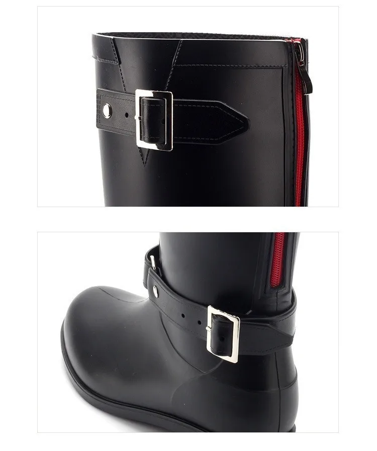 Fashion Woman Boots Mid-Calf Black Rain Boots Spring Autumn Female Shoes High Top Equestrian Motorcycle Botas Zipper Waterproof