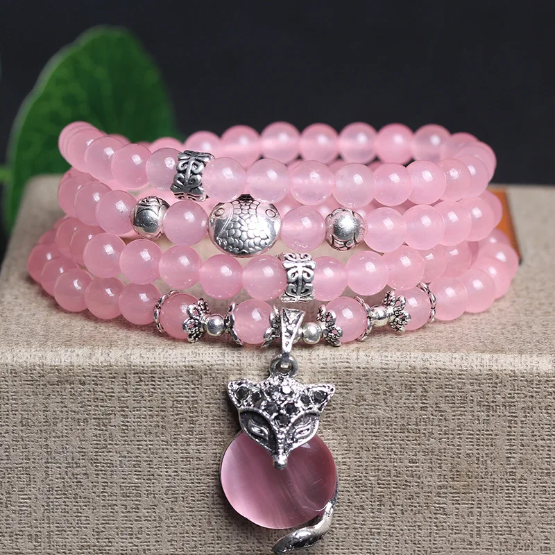 

New Pink 6mm Crystal Stone 108 Buddhist Prayer Beads Bracelet Silver Plated Fox head Pendant For Women Jewelry Bangles