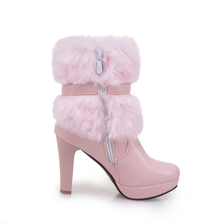 Women Boots Autumn Winter Warm Fur New Sweet Pu Butterfly-knot Mid-calf Snow Boots Black Pink White High-heeled Shoes MAZIAO