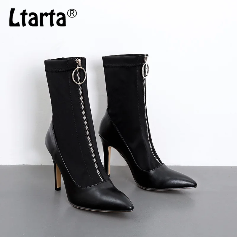 LTARTA Women Black Mid calf Boots Point Toe  Women Fashion Shoes High-heeled  Zip Boots Women autumn Boots Fashion ZL-909-10