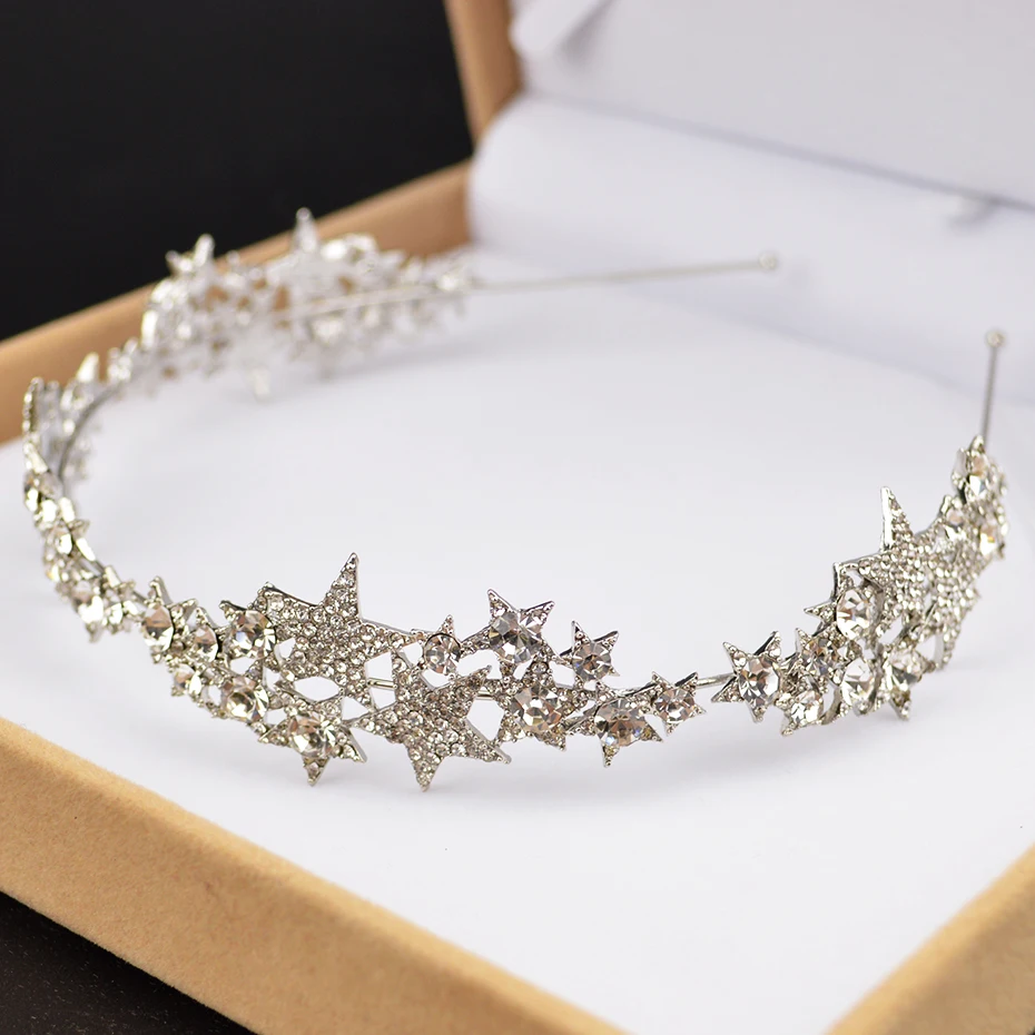 Новая серебряная звезда Стразы для свадебной короны аксессуары для волос барокко свадебные украшения головы ручной работы кристалл принцесса оголовье