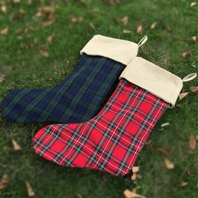 Wholesale Red Plaid Canvas Christmas Stocking with Burlap Cuff, Free