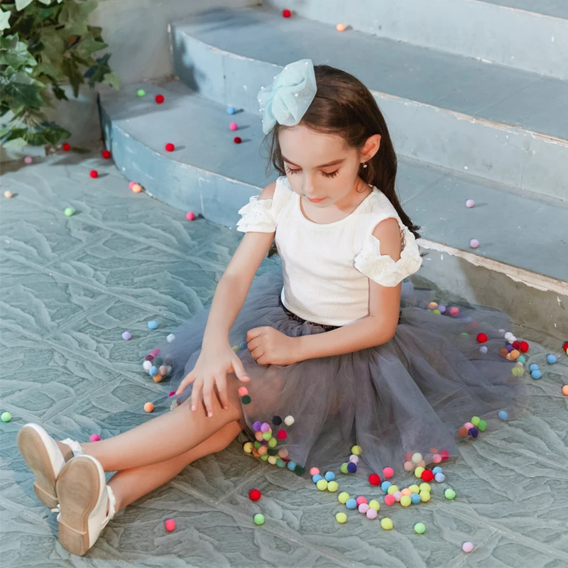 B&N Soft Chiffon Elastic Waist Girl Princess Pettiskirts Children Dance Solid Tutu Skirts Coloful Pompom Tulle Skirts For 2-8T18