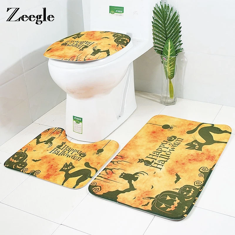 Zeegle Halloween Bath Mat Toilet Rugs Flannel Anti Slip Bathroom Carpets Set Home Toilet Lid