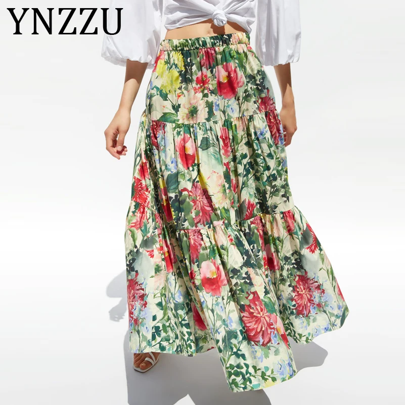YNZZU прерия шик цветочные длинные юбки с принтом для женщин s летний высокий комплект пуловер+ кожаная юбка Женская Макси юбка женские низ AB196
