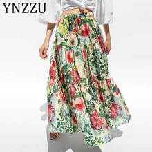 YNZZU прерия шик цветочные длинные юбки с принтом для женщин s летний высокий комплект пуловер+ кожаная юбка Женская Макси юбка женские низ AB196