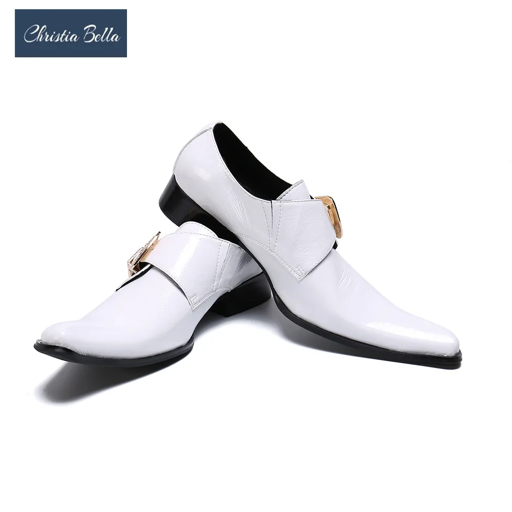 

Christia Bella Fashion Men's White Leather Shoes Personality Single Shoes Business Casual Mens Summer Breathable Buckle Oxfords