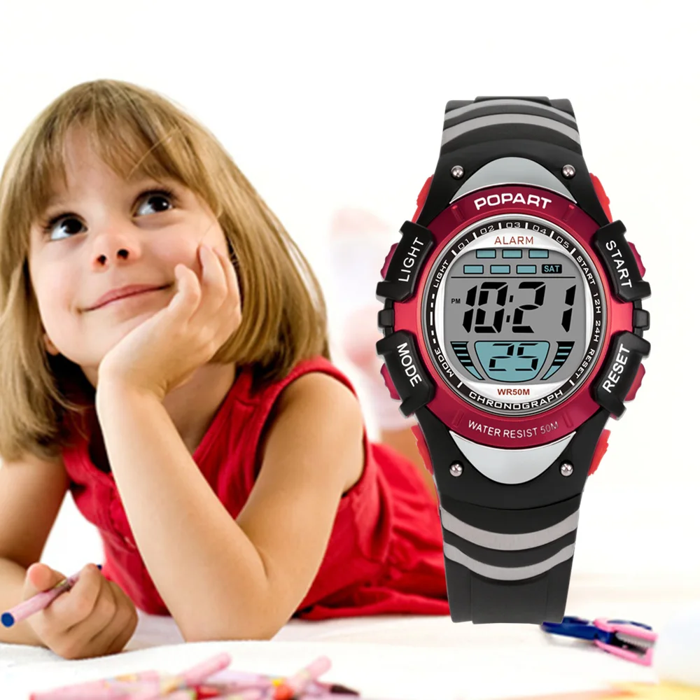 

POPART Children Watch 7-Colored Back Light Daily Alarm Stopwatch 50m Waterproof LED Digital Sport Watches Red Kids Watches Boys