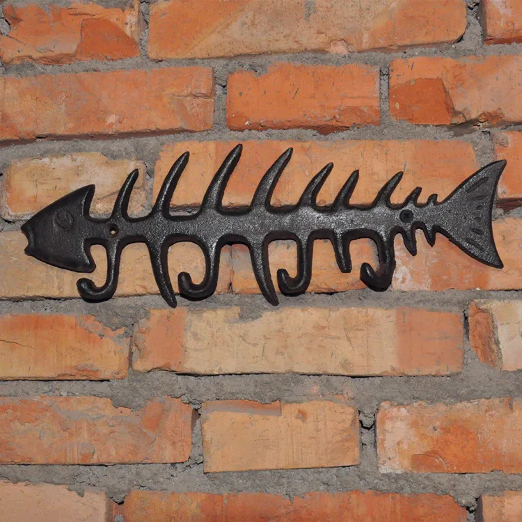 

2 Fishbone Hall Coat Rack with 4 Hooks Brown Cast Iron Nautical Fish Bone Key Hat Racks Wall Hanger Holder Fisherman Decor Metal