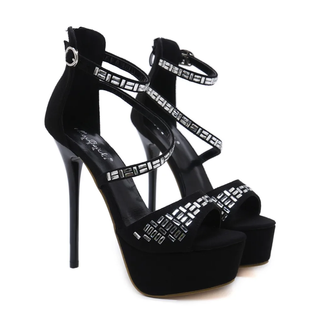 2018 Negro Talones Mujer Plataforma Super Mujeres Finos Cremallera Llegada Flock Sexy Sandalias Alto Nueva Zapatos Partido Cuero qrwftr