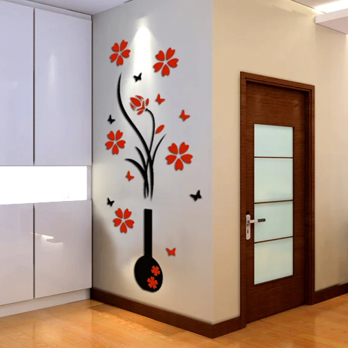

DIY 3D Wall Stickers Vase Flower Tree Crystal Arcylic Decal Happy Gifts Living Room Bedroom Home Decorate Home Decor