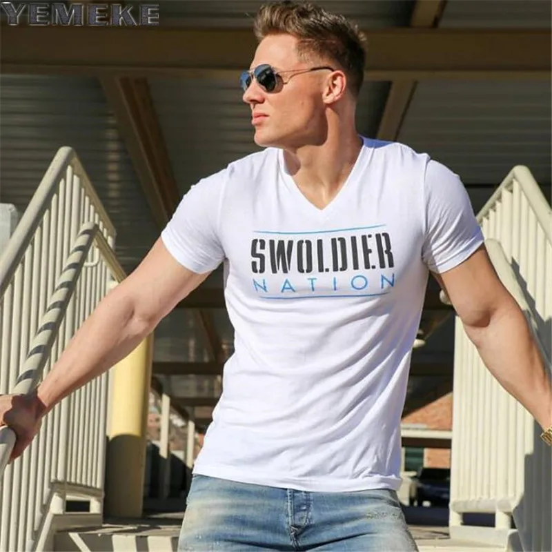 Camiseta de verano de moda con cuello en V de moda de algodón Fitness estilo Camiseta de culturismo blanco, gris, negro Camiseta de verano de moda con cuello en V de moda de algodón Fitness estilo Camiseta de culturismo blanco, gris, negro