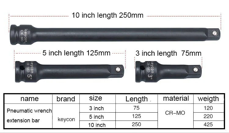 Высокое качество, 1 шт., 1/2 дюйма, 12,5 мм, 3 дюйма, 5 дюймов, 10 дюймов, CR-MO, пневматический привод, удлинитель, черный удлинитель, ручной инструмент, инструмент для ремонта автомобиля