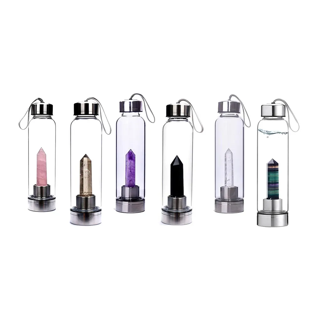 

2019 Natural Crystal Point Healing Obelisk Wand Elixir Quartz Crystal Water Bottle Drink Sport Bottle Drink Botellas Garrafas