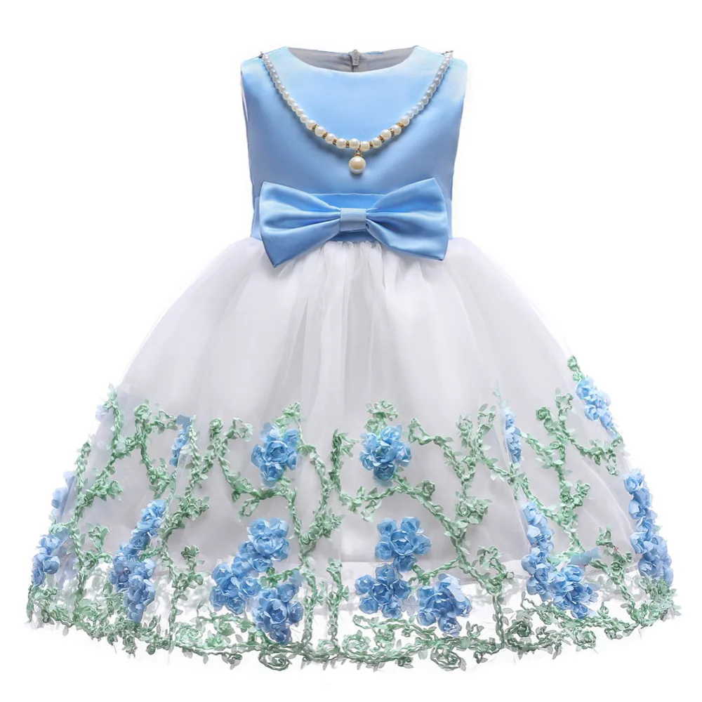 

Girls Dress Mesh Embroidered Flowers Girls Clothes Pearl Necklace Bow Party Wedding Birthday Dress for Spring Summer