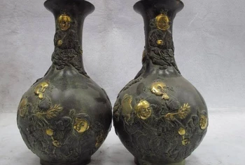 

Chinese classical folk bronze copper Children bring lucky wealth vase pot pair