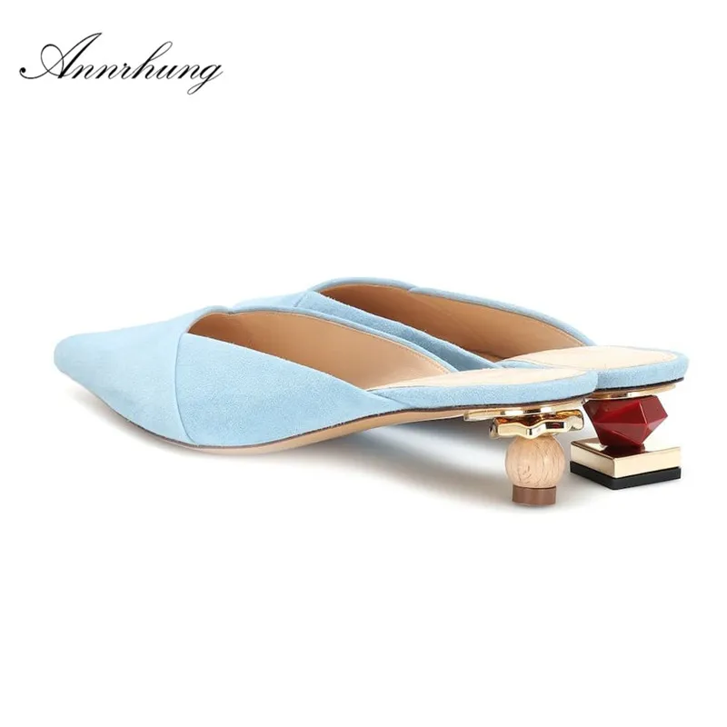 

Kid Suede Unique Asymmetrical Heel Slippers Women Concise Pointed Toe Slingback Spring Shoes Cover Toe Mules For Women