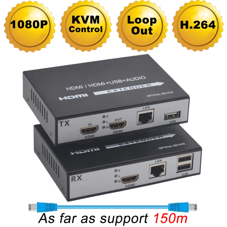 H.264 150 m HDMI KVM Extender по IP-сети HDMI USB Extender за RJ45 USB KVM Extender HDMI по cat5e Cat6 для HDTV DVD