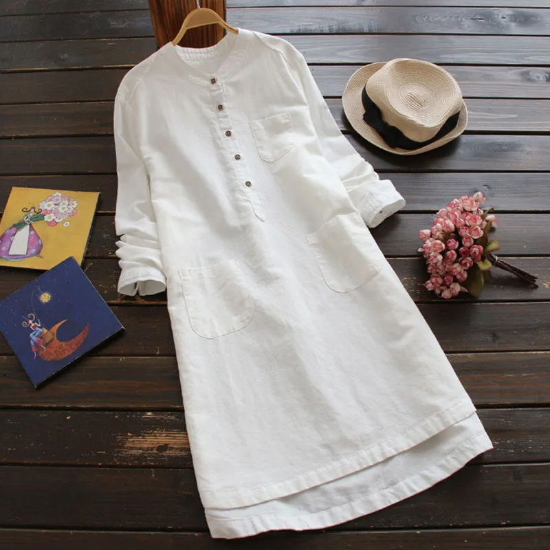 ZANZEA туника, платье-рубашка, Осень-зима, женское мини платье с длинным рукавом и карманами, плюс размер, женское повседневное одноцветное платье - Цвет: Белый