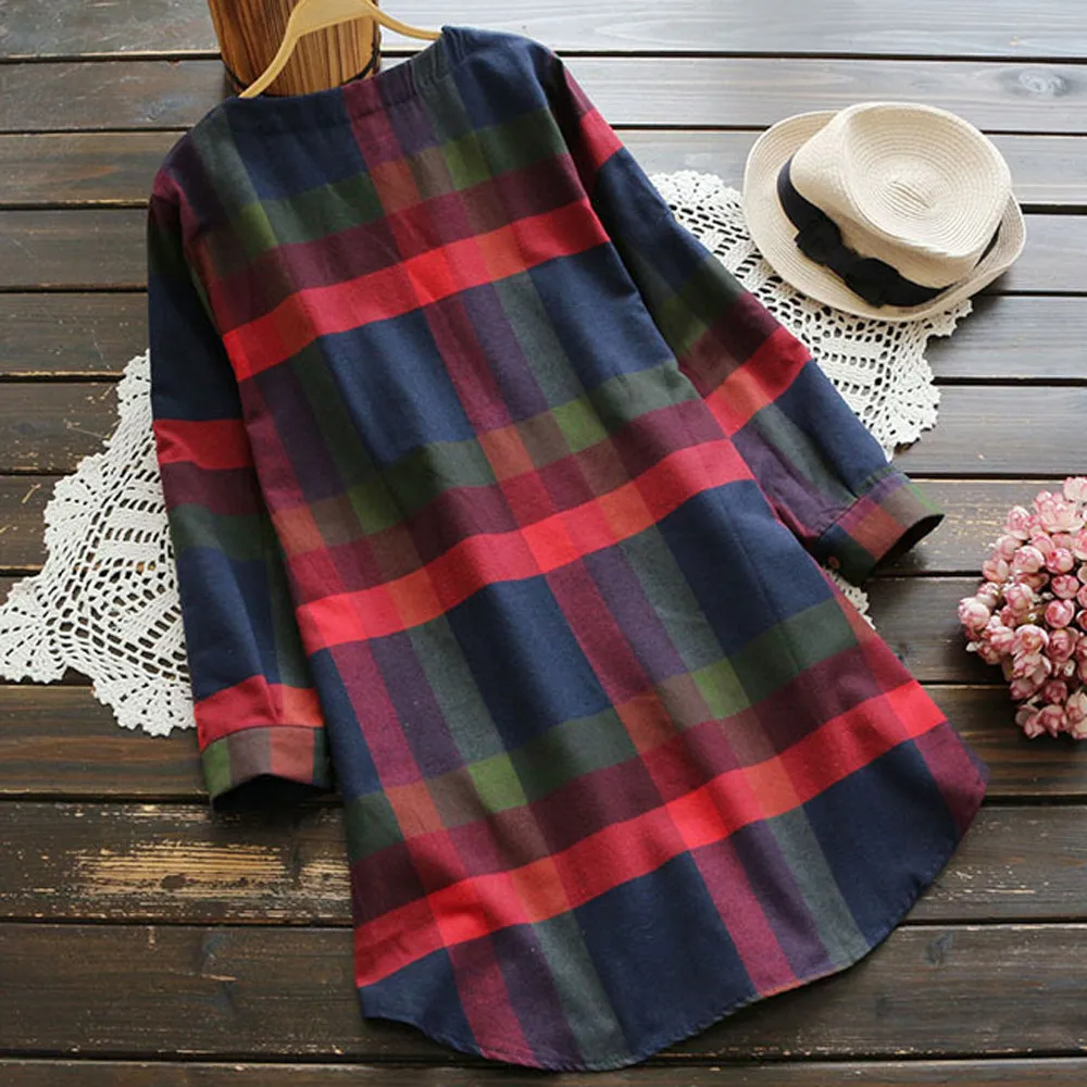 Women Ladies Plaid Long Sleeve Loose Pocket Swing Vintage Dress Pockets plus size dresses for women 4xl 5xl vestidos cortos muje
