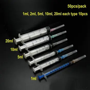 

50pcs/pack Disposable Plastic sterile injection syringe, Liquid Syringe with Needle for Industrial use 1/2/5/10/20ml each 10pcs