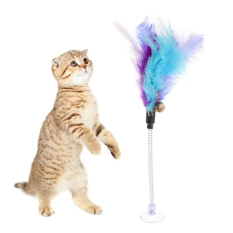 

Cat Toys Feather Stick Spring Suction Cup Pet Teaser Funny Interactive Wand Bell