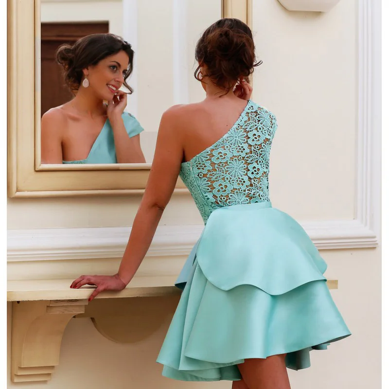 Simple Light Blue Prom Dresses One Shoulder Stain Ruffles Lace