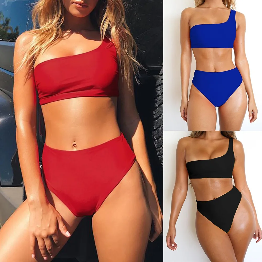 

Bikini 2019 Swimsuit Women Sexy Bikini Set Solid One Shoulder Swimwear Push-Up Padded Bather Suit Swimming Suit biquini