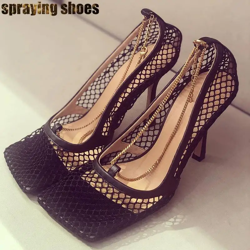 Fashion Square Toe Black Mesh Pumps Summer Women High Heels Shoes Chain Hollow Out Sexy Ladies Shoes Summer Sandals