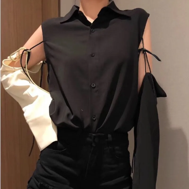 

[EWQ] 2019 Spring Summer New Pattern Lapel Strapless Shoulder Long Sleeve Hit Colors Single Breasted Shirt Women AG48101