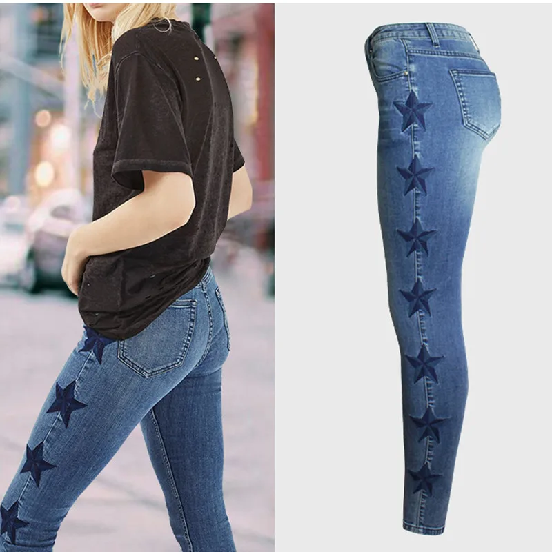 

Women High Waist Summer Pencil Skinny Jeans Female Casual Cowboy Denim Pants Ladies Elastic Stretch Star Patten Jean Trousers