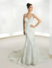 Top Quality Halter Appliqued Lace and Tulle Floor Length Mermaid Bride Dress 2015 Sexy Open Back Wedding Dress Bridal Gown tropical print open back halter top