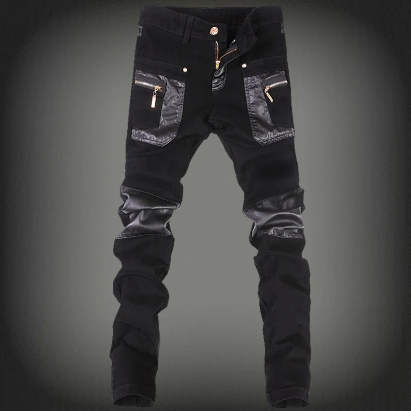 Мужские облегающие джинсы комбинезоны джинсы для езды на мотоцикле Мужские штаны из искусственной кожи лоскутные джинсы байкерские кожаные джоггеры Размер 28-36 - Цвет: 10  8