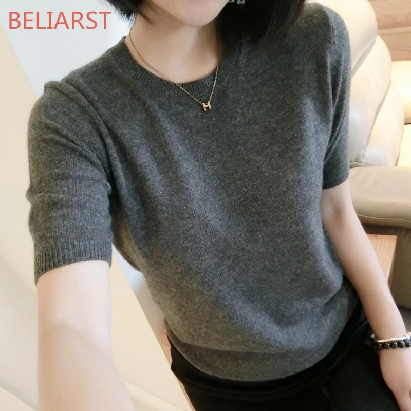 

Spring Autumn Women Solid Big Cashmere Wool Sweater Short Sleeve O-neck Pullovers Jumper Computer Knitted Oversize Sweater