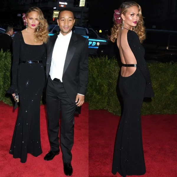 Chrissy Teigen Met Gala Sexy simples vestido de baile com sereia manga comprida Backless celebridade do tapete vermelho Vestidos ZY3216