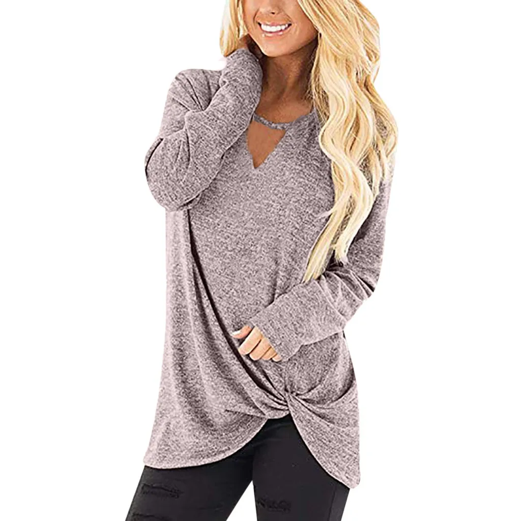 Women's Causal V Neck Long Sleeve Side Twist Knotte Tunic Tops camiseta ...