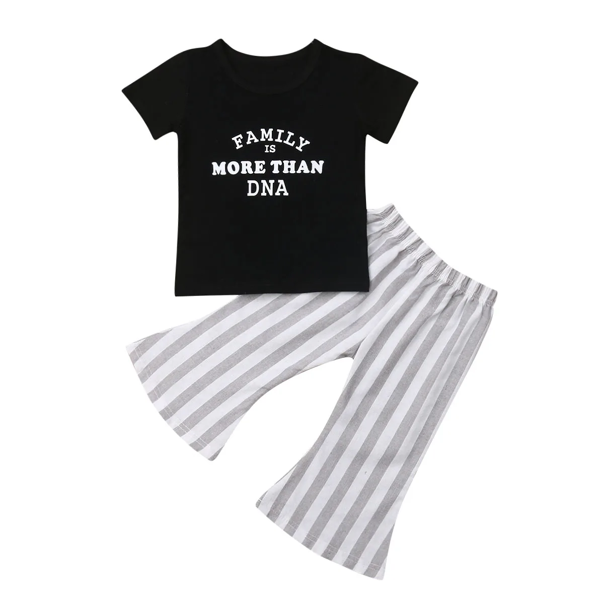 

Fashion Toddler Kids Baby Girl Tops Short Sleeve T-Shirt Striped Flare Long Pants Outfits Set Clothes 2019