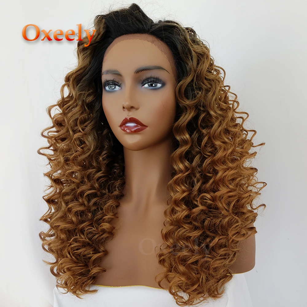 Oxeely Blonde Curly Hair Synthetic Lace Front Wigs Glueless Ombre Color Kinky Curl Hair Synthetic Lace Front Wig for Black Women2