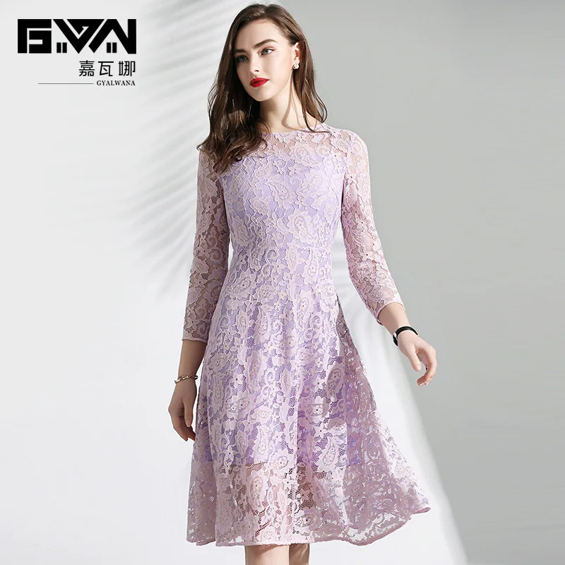 

GYALWANA Spring 2019 New Hollow-out Lace Dress Long Sleeve Women Causal Light Purple O-neck Wrist High Waist Elegant Dresses