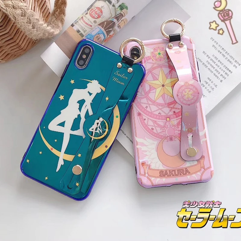 

Kawaii Japanese Anime Sailor Moon Blu-ray Laser Phone Case For iPhone XS MAX XR 6 6 Puls 6S 7 8 Puls X Soft Wrist Strap Cover