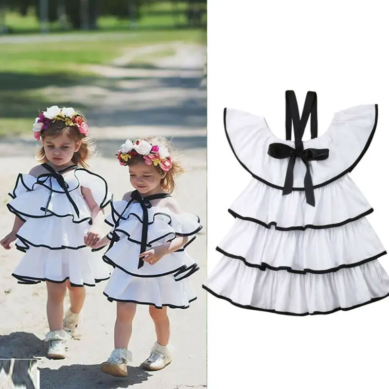 

Baby Girls Sling Sleeveless Layered Dress Off Shoulder Tiered Dress O Neck Cake Ruffled Tutu Bubble DressA-Line Outfit Clothes